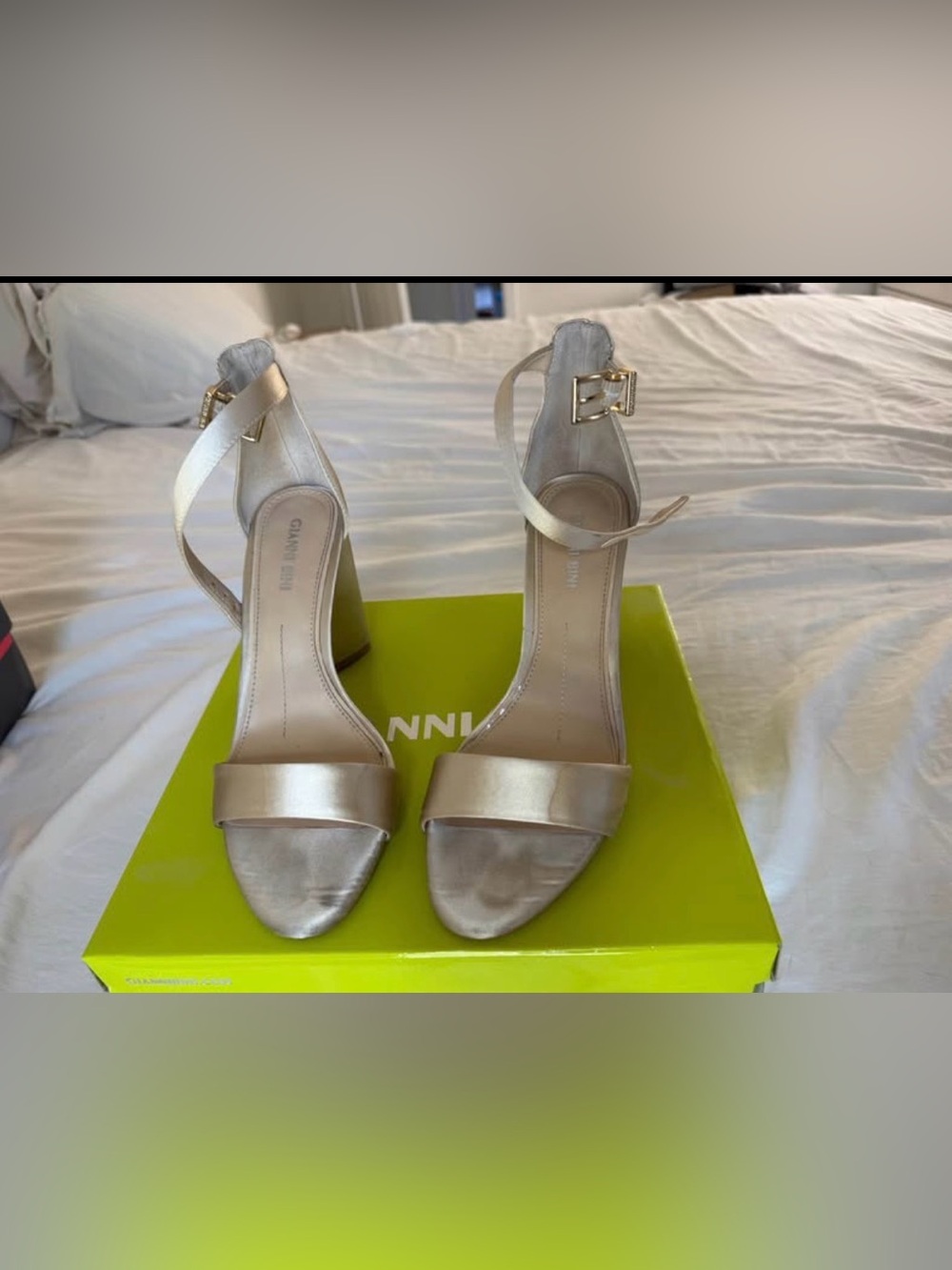 Gianni Bini Champagne Metallic Ankle-Strap Block Sandals